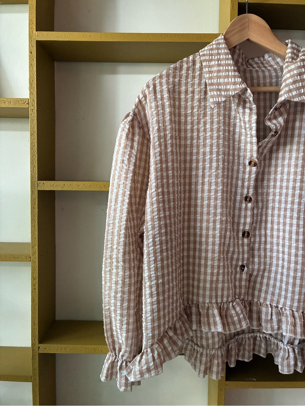 Gingham Ruffle Hem Button-Front Women's Top - Cream & Tan - Picture 2 of 3